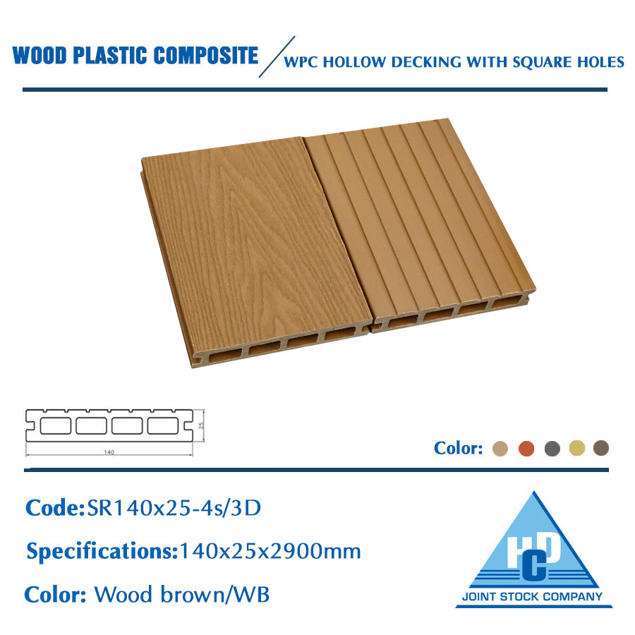 WPC hollow decking with square holes SR140x25/3D Color: Wood brown