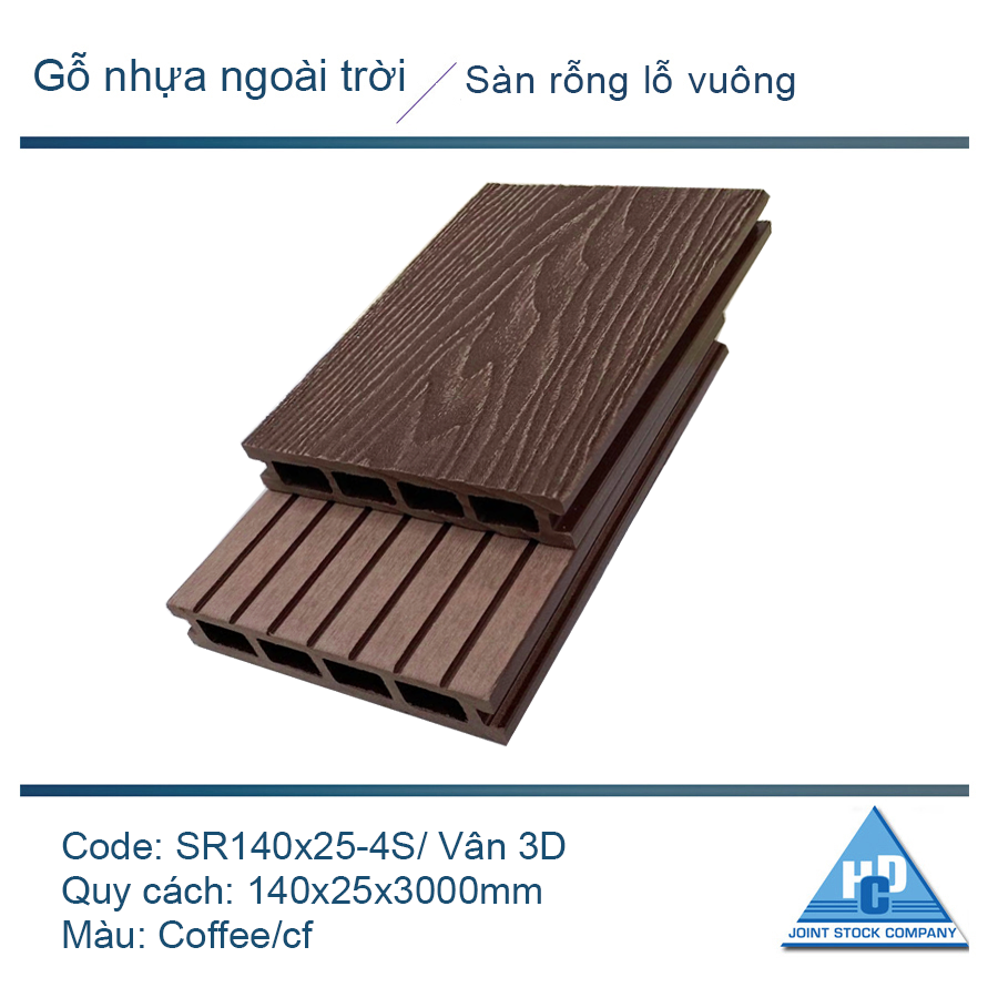 WPC hollow decking with square holes SR140x25-4S/ Color: Coffee/ 3D